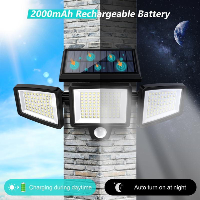 Tuffenough Solar Outdoor Lights 2500LM 210LED Security Lights,3 Heads Dimmable SpotLights with 3 Modes,IP65 Waterproof(1 Packs)