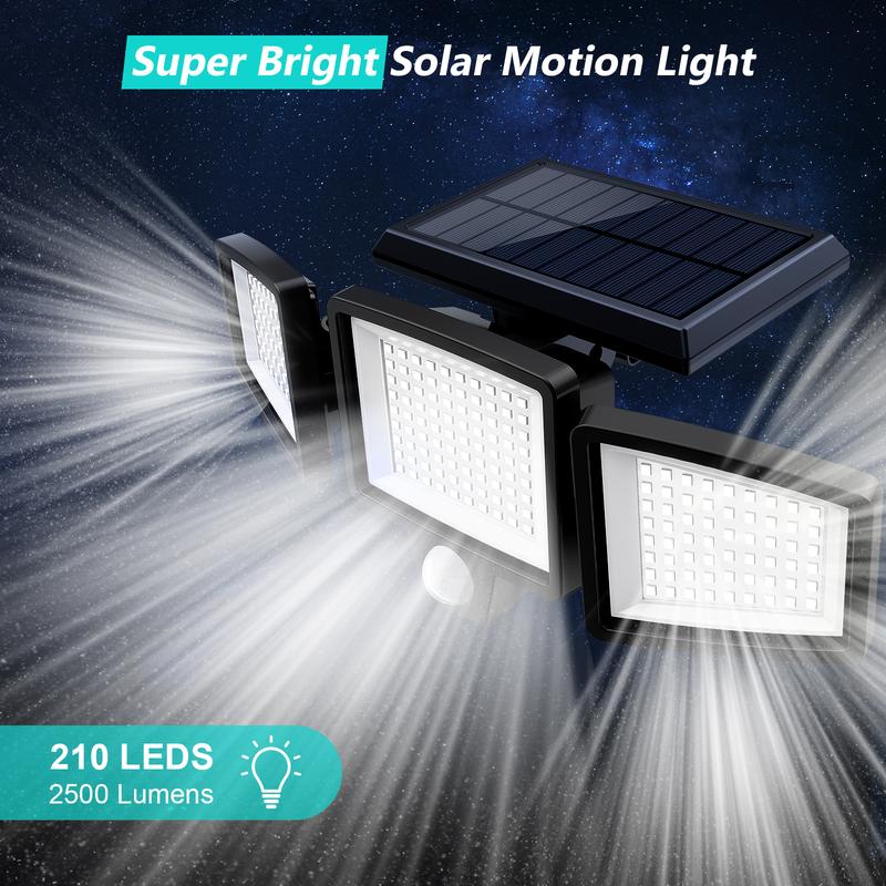 Tuffenough Solar Outdoor Lights 2500LM 210LED Security Lights,3 Heads Dimmable SpotLights with 3 Modes,IP65 Waterproof(1 Packs)