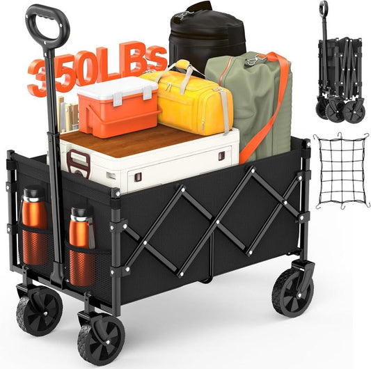 【NADONLI】2025 Foldable Wagon with Wheels, Portable Heavy Duty Collapsible Beach Cart - Large Capacity Utility Wagon for Shopping, Sports, Camping，Garden，Grocery - Black